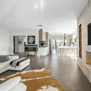 lounge area with tv and cowhide