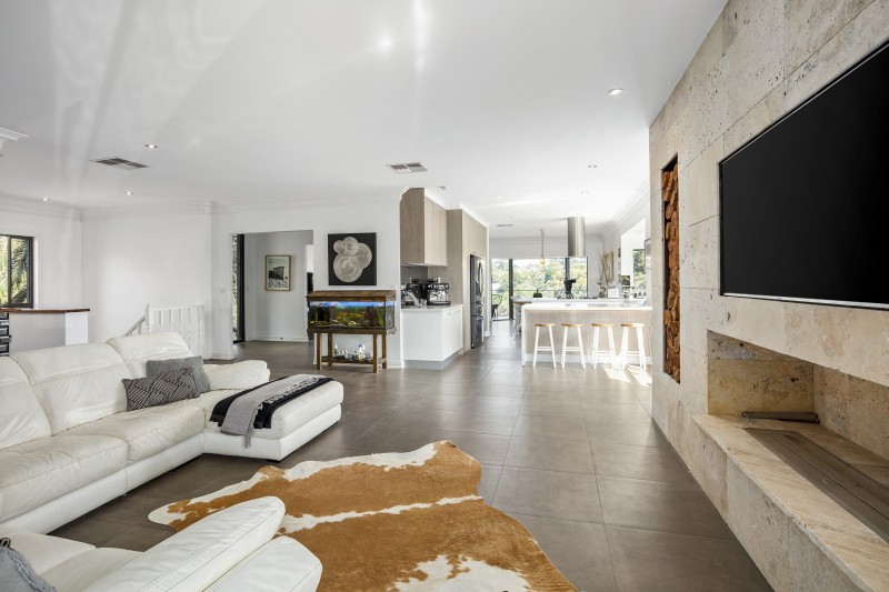 lounge area with tv and cowhide